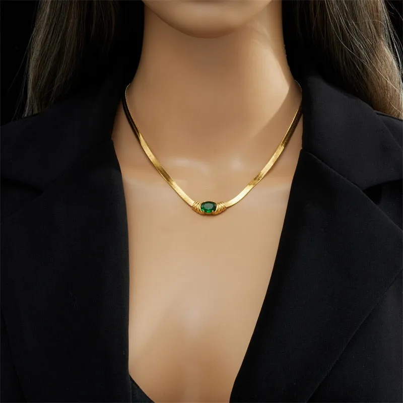 316L Stainless Steel Oval Green White Zircon Pendant Necklace For Women