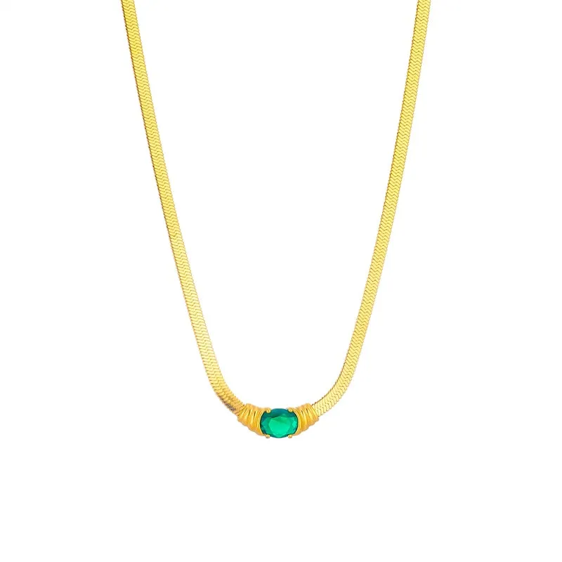 316L Stainless Steel Oval Green White Zircon Pendant Necklace For Women