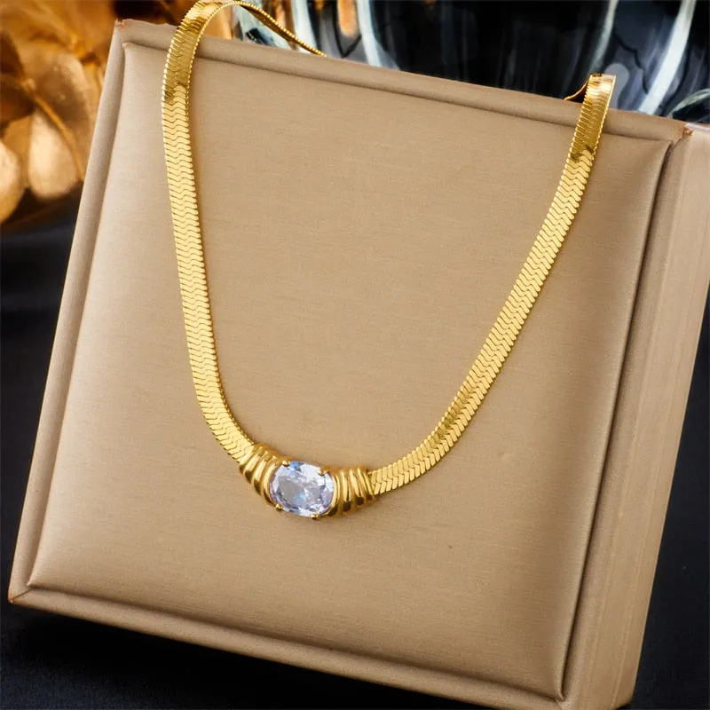 316L Stainless Steel Oval Green White Zircon Pendant Necklace For Women