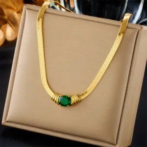 316L Stainless Steel Oval Green White Zircon Pendant Necklace For Women