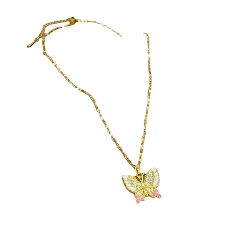 316L Stainless Steel Pink Cute Butterfly Pendant Necklace For Women