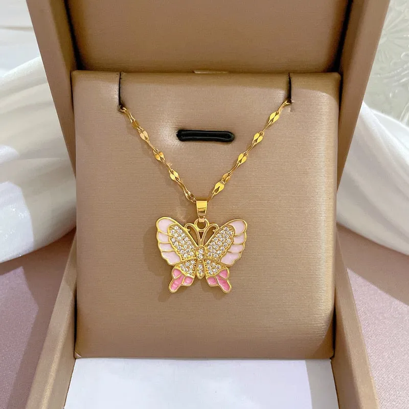 316L Stainless Steel Pink Cute Butterfly Pendant Necklace For Women