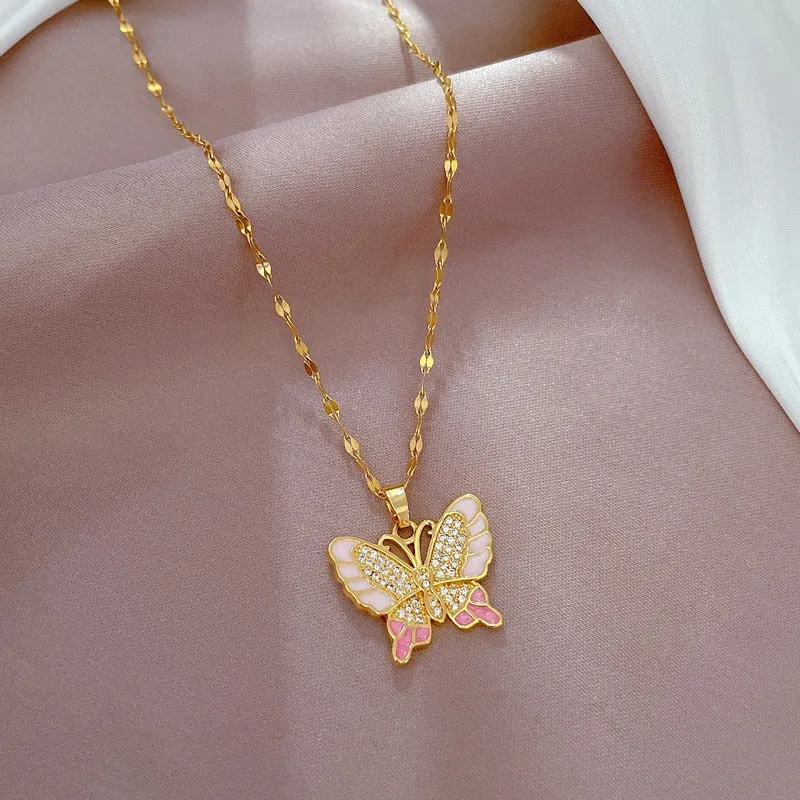 316L Stainless Steel Pink Cute Butterfly Pendant Necklace For Women