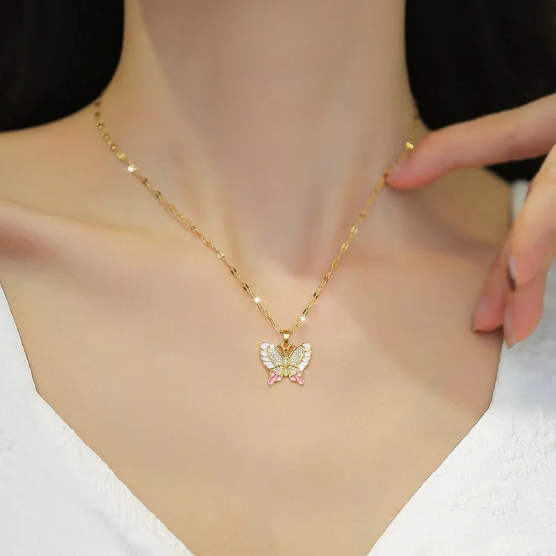 316L Stainless Steel Pink Cute Butterfly Pendant Necklace For Women