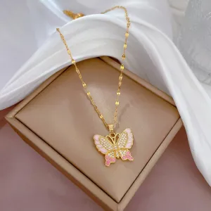 316L Stainless Steel Pink Cute Butterfly Pendant Necklace For Women
