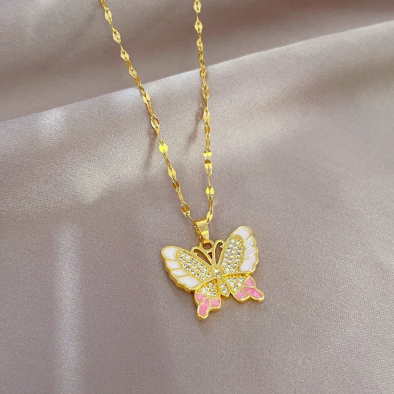 316L Stainless Steel Pink Cute Butterfly Pendant Necklace For Women