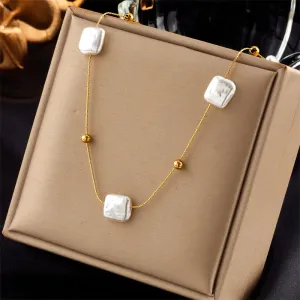 316L Stainless Steel Square Large Pearl Pendant Necklace For Women