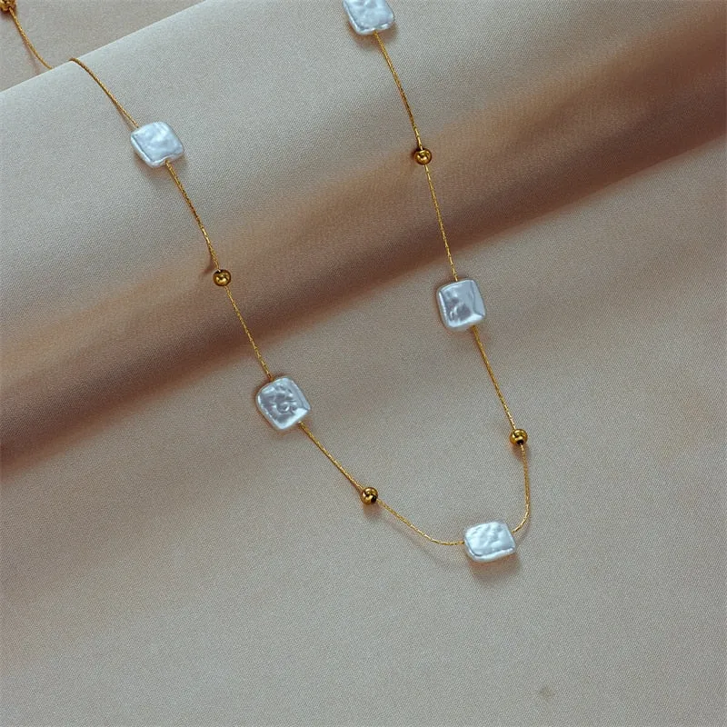 316L Stainless Steel Square Large Pearl Pendant Necklace For Women