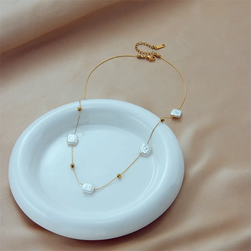 316L Stainless Steel Square Large Pearl Pendant Necklace For Women