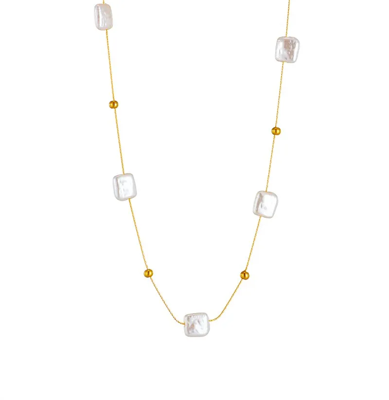 316L Stainless Steel Square Large Pearl Pendant Necklace For Women