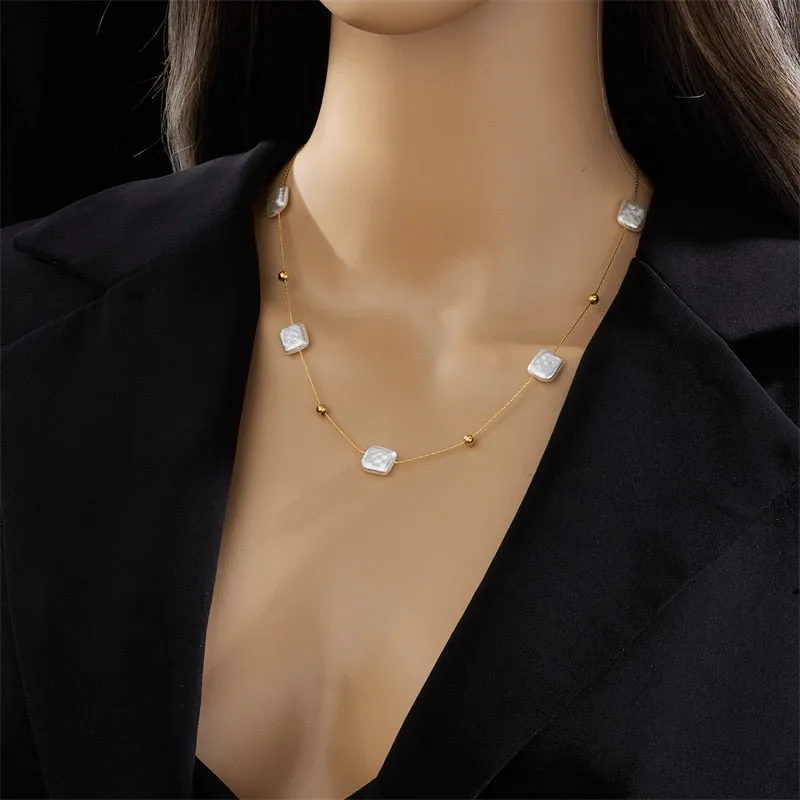 316L Stainless Steel Square Large Pearl Pendant Necklace For Women