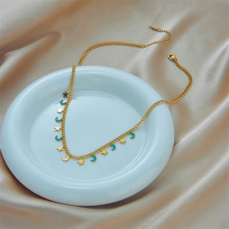 316L Stainless Steel Star Moon Chain Necklace For Women