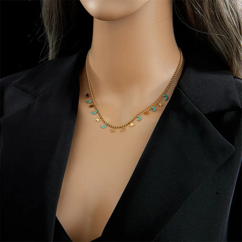 316L Stainless Steel Star Moon Chain Necklace For Women