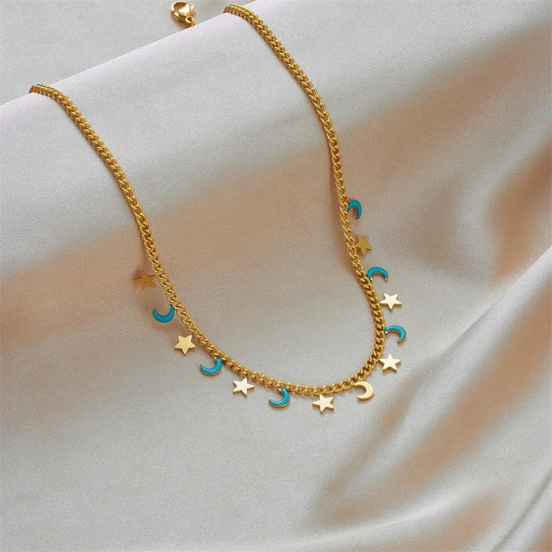 316L Stainless Steel Star Moon Chain Necklace For Women