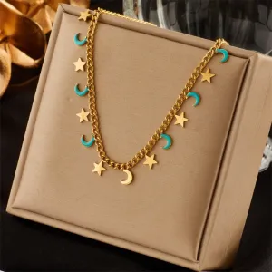 316L Stainless Steel Star Moon Chain Necklace For Women