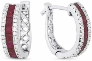 3.30Ctw Princess Cut Simulated Red Ruby & Diamond Huggie & Hoop Earring's Clip On 14K White Gold Plated 925 Sterling Silver For Women