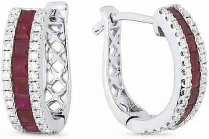 3.30Ctw Princess Cut Simulated Red Ruby & Diamond Huggie & Hoop Earring's Clip On 14K White Gold Plated 925 Sterling Silver For Women