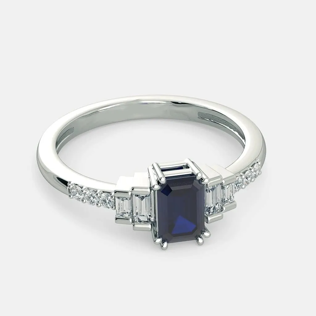 3.80 Carat Blue Sapphire and Diamond Baguette Wedding Band Rings For Women 14K White Gold Anniversary Enagagement Prong Setting (Centre Blue Gemstone 3 ctw,Clarity I2, Color HI)