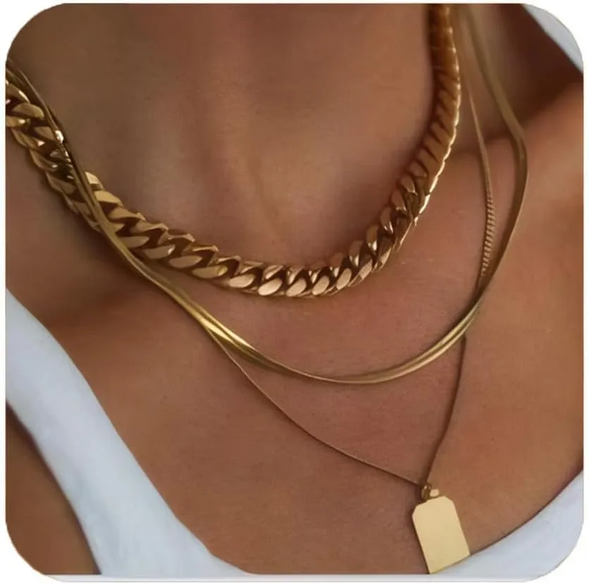 3PC Gold Necklaces for Women, 18K Gold Plated Layered Chain Necklace Stackable Stack Layering Dog Tag Pendant Necklaces Trendy Gold Jewelry Set Gifts