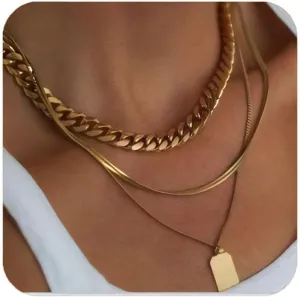 3PC Gold Necklaces for Women, 18K Gold Plated Layered Chain Necklace Stackable Stack Layering Dog Tag Pendant Necklaces Trendy Gold Jewelry Set Gifts