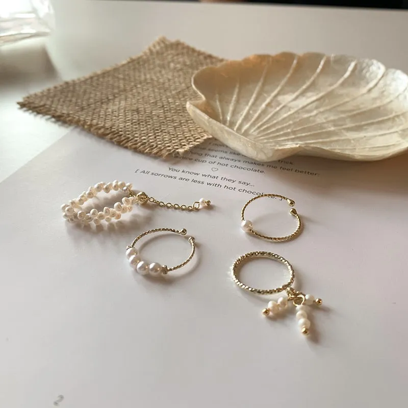 4 Designs Beaded Natural Freshwater Pearl Rings