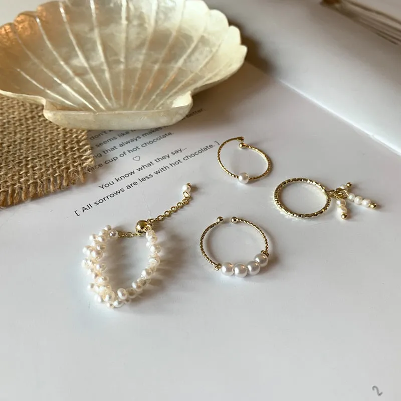 4 Designs Beaded Natural Freshwater Pearl Rings