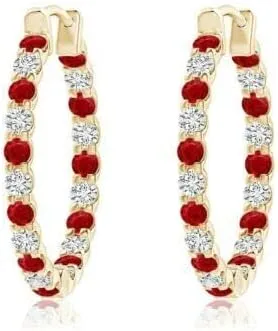 4.10Ctw Round Cut Red Ruby & White Diamond Huggie & Hoop Earring's Clip On 14K Yellow Gold Plated 925 Sterling Silver For Women