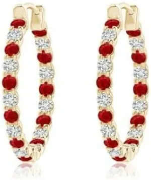4.10Ctw Round Cut Red Ruby & White Diamond Huggie & Hoop Earring's Clip On 14K Yellow Gold Plated 925 Sterling Silver For Women