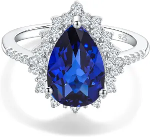 4.5 Carat Teardrop Engagement Birthstone Ring Sterling Silver Pear Cut Sapphire/Ruby/Emerald/Amethyst/Aquamarine Halo Ring Promise Anniversary Rings for Women Size 6-10