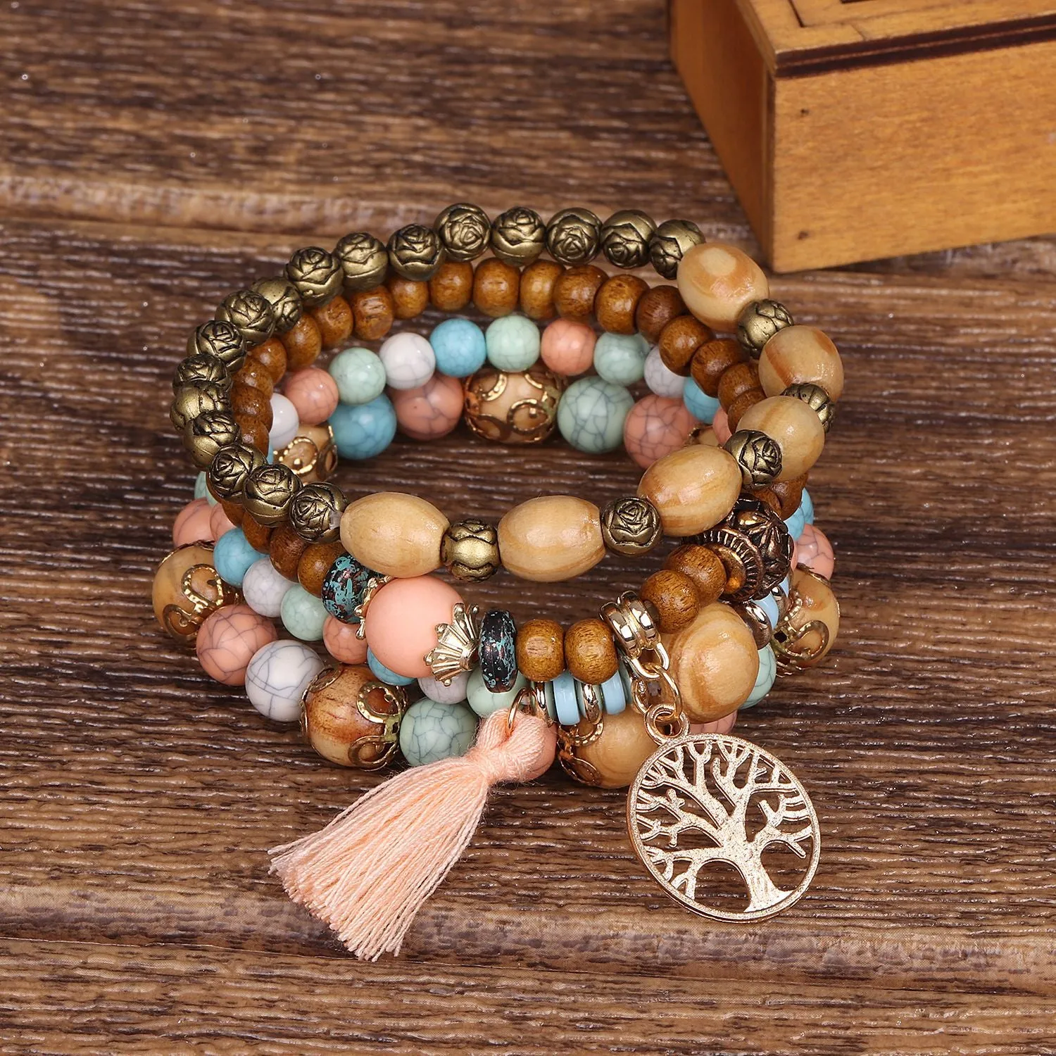 4pcs Handmade Charm Beaded Bracelet Tree and Tassel