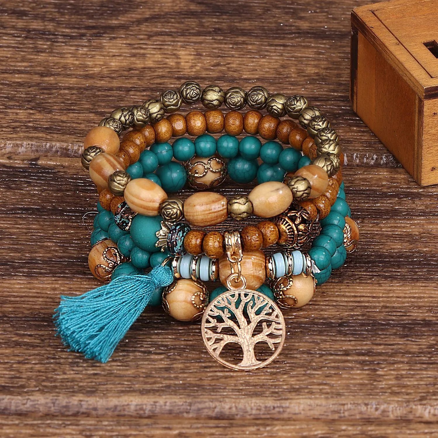 4pcs Handmade Charm Beaded Bracelet Tree and Tassel