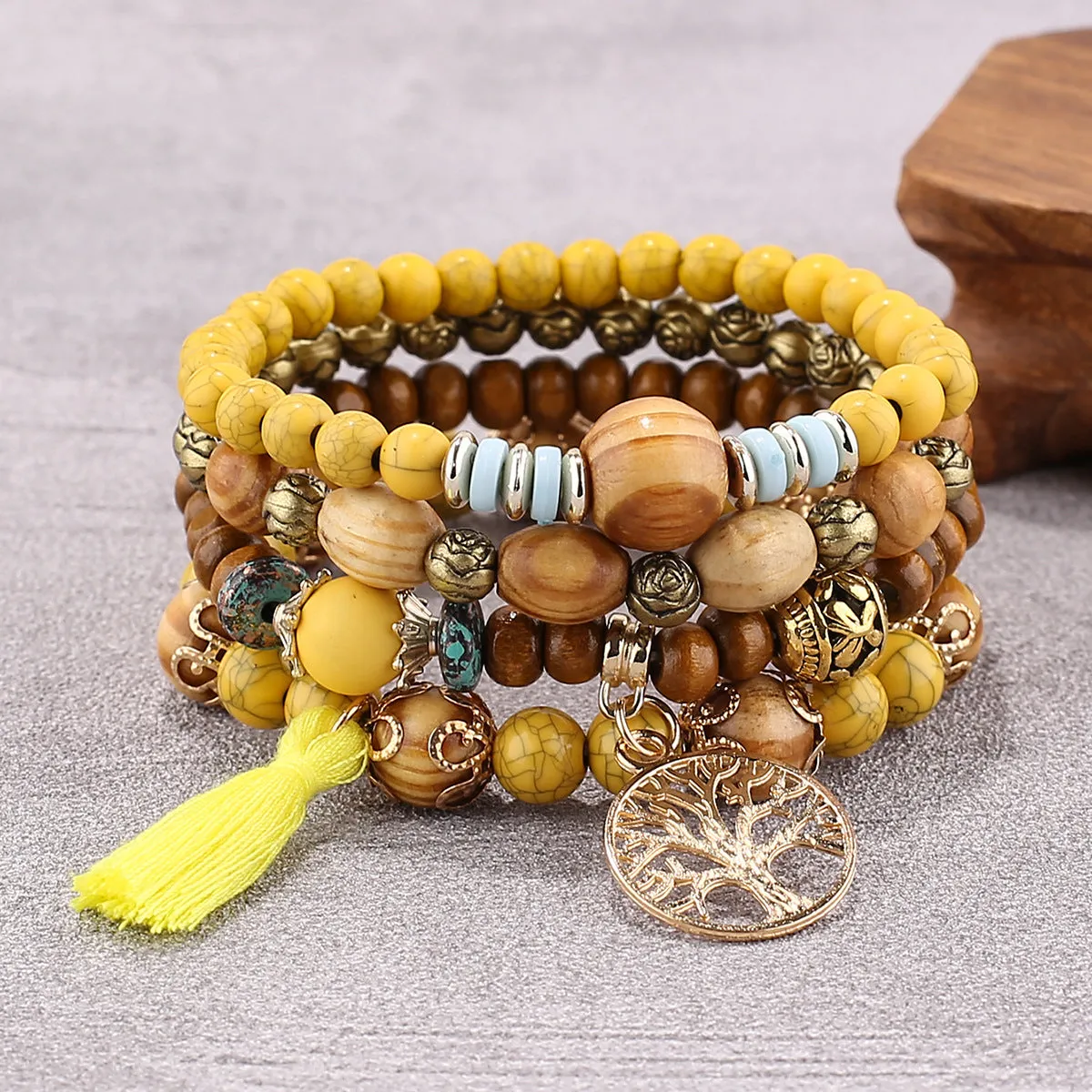 4pcs Handmade Charm Beaded Bracelet Tree and Tassel