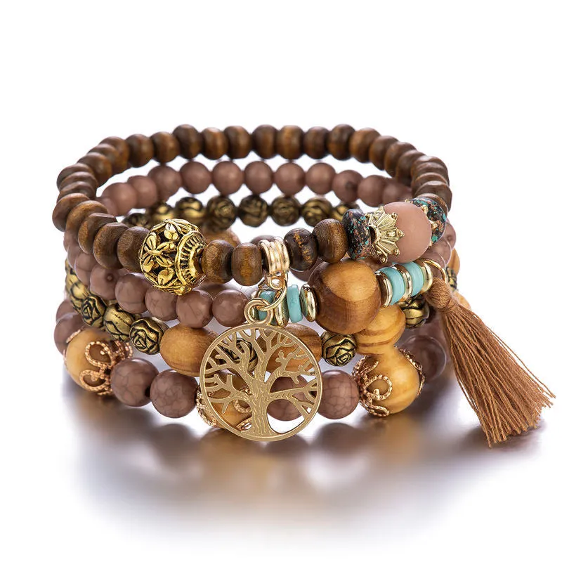 4pcs Handmade Charm Beaded Bracelet Tree and Tassel