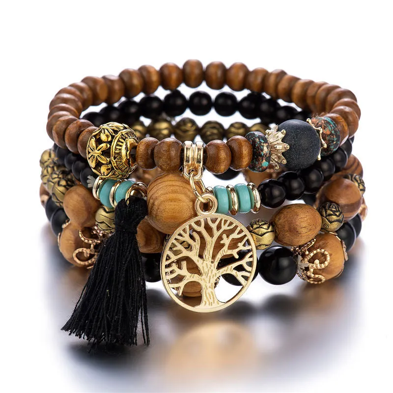 4pcs Handmade Charm Beaded Bracelet Tree and Tassel