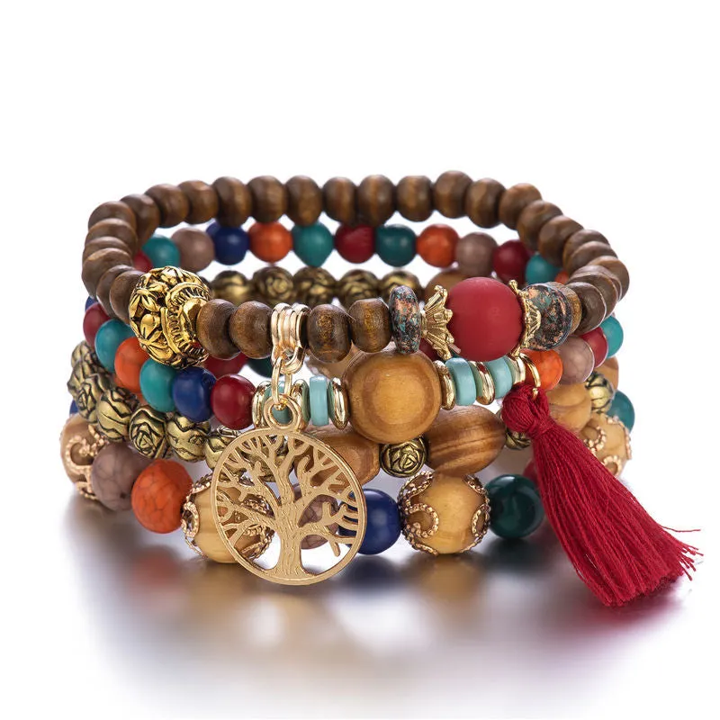 4pcs Handmade Charm Beaded Bracelet Tree and Tassel