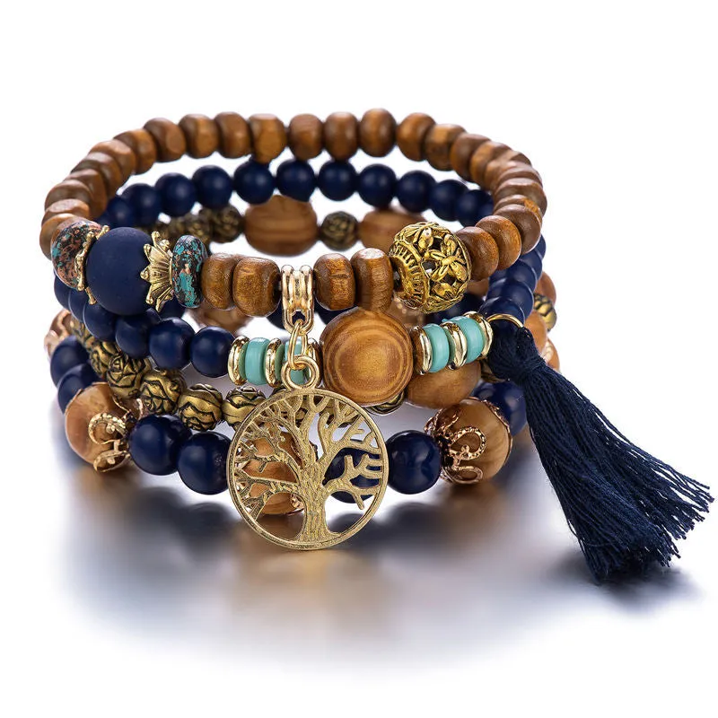 4pcs Handmade Charm Beaded Bracelet Tree and Tassel