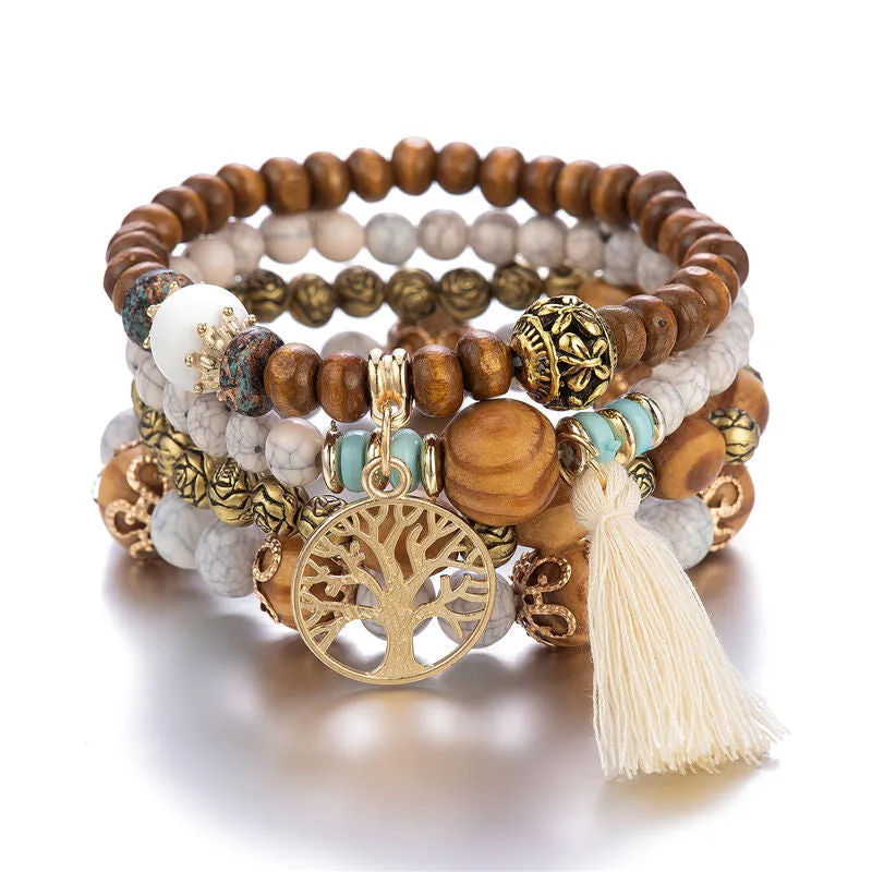 4pcs Handmade Charm Beaded Bracelet Tree and Tassel
