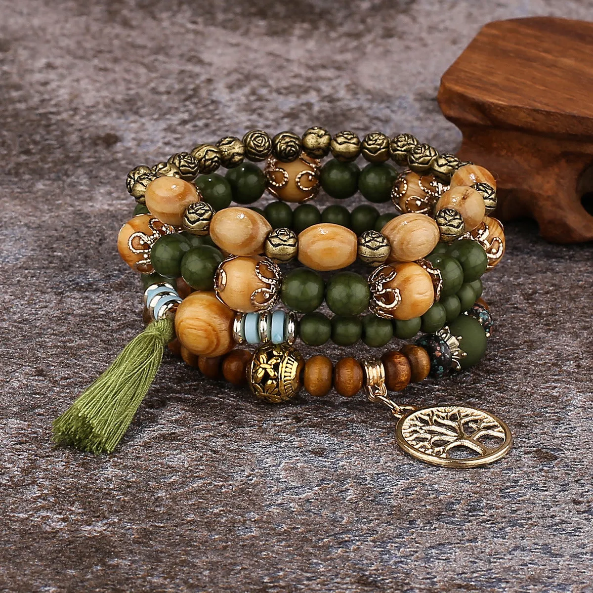 4pcs Handmade Charm Beaded Bracelet Tree and Tassel