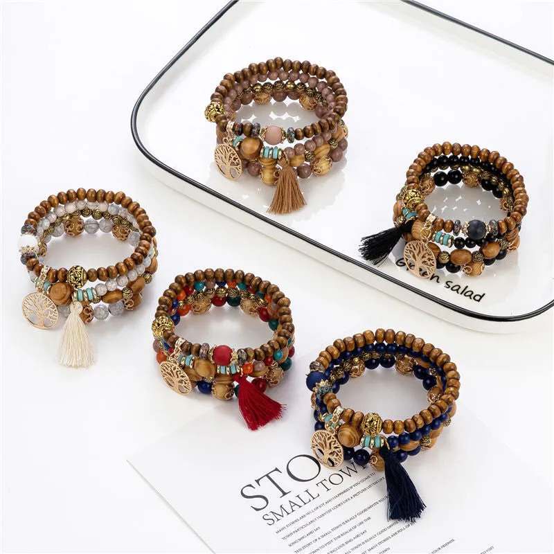 4pcs Handmade Charm Beaded Bracelet Tree and Tassel