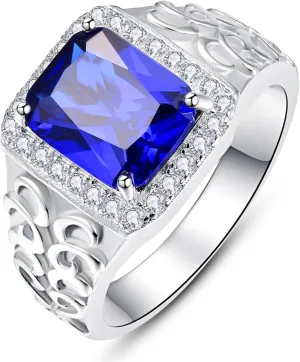 5.3ct Vintage Simulated Sapphire|Emerald|Black Onyx Ring for Men White Gold Plated Men Rings 11mm Square-Cut Mens Cocktail Rings Celtic Pattern Band for Dad Father Size 7-12