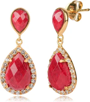5.5 Carats Double Pear with Halo Gemstone Drop Earrings in 18k Gold over 925 Sterling Silver | Birthstone Dangle Earrings with Pushbacks | Gold Statement Earrings by MAX   STONE