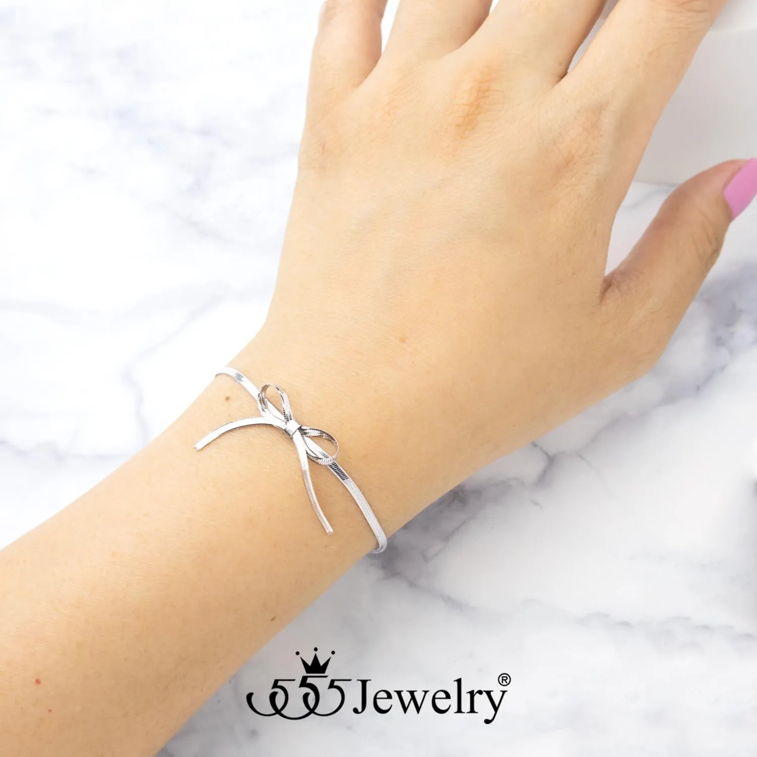 555Jewelry 5MM Stainless Steel Silver Herringbone Bracelet for Women | Bow Tie Silver Snake Chain Bracelet for Women | Flat Silver Bow Bracelet