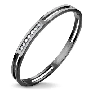 555Jewelry Womens Stainless Steel Fashion CZ Studded Cuff Bangle Bracelet Black - Grooved