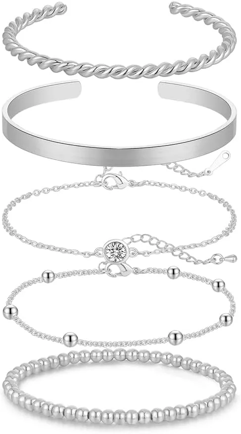 5pcs Gold Bracelet Stack for Women 14K Gold Bracelet Set Beaded Glossy Bangles Chain Cubic Zirconia Fashion Jewelry Gifts