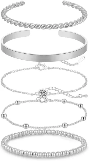 5pcs Gold Bracelet Stack for Women 14K Gold Bracelet Set Beaded Glossy Bangles Chain Cubic Zirconia Fashion Jewelry Gifts