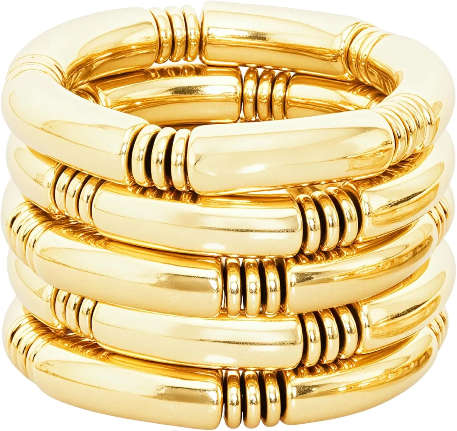 5PCS Gold Chunky Bangles Bracelets for Women Gold Bangles Stack Multiple Curved Bamboo Tube Stretch Bracelets Plated Jewelry Gift