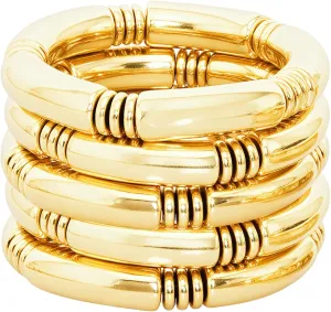 5PCS Gold Chunky Bangles Bracelets for Women Gold Bangles Stack Multiple Curved Bamboo Tube Stretch Bracelets Plated Jewelry Gift