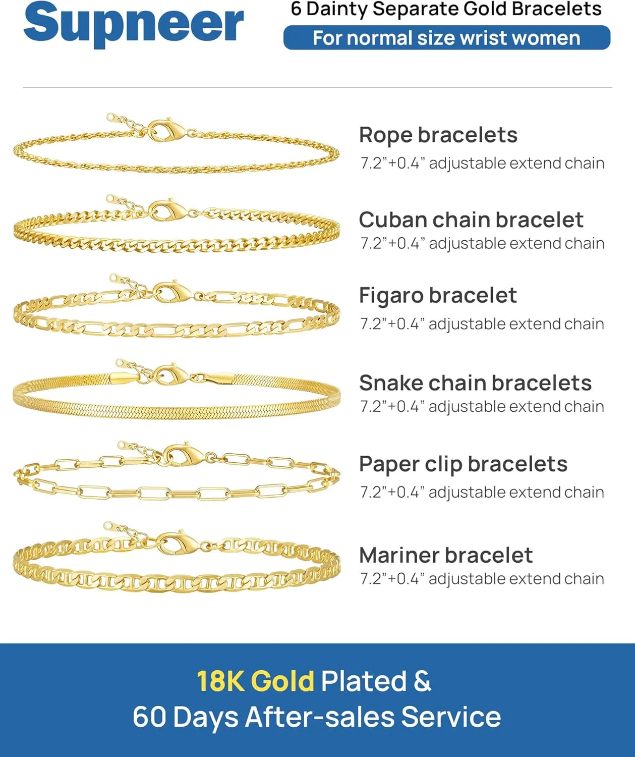 6 Pcs Gold Bracelets for Women Dainty Gold Bracelet Stack for Teen Trendy 18k Gold Plated Cute Stackable Cuban Link Chain Bracelets Set for Daughter Non Tarnish Adjustable