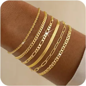 6 Pcs Gold Bracelets for Women Dainty Gold Bracelet Stack for Teen Trendy 18k Gold Plated Cute Stackable Cuban Link Chain Bracelets Set for Daughter Non Tarnish Adjustable