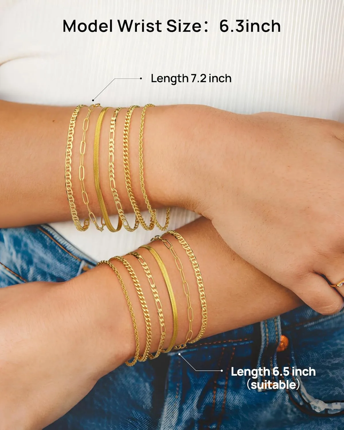6 Pcs Gold Bracelets for Women Dainty Gold Bracelet Stack for Teen Trendy 18k Gold Plated Cute Stackable Cuban Link Chain Bracelets Set for Daughter Non Tarnish Adjustable